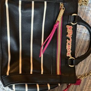 Y2K Betsey Johnson Black & White Stripe Satchel with Pink Accents